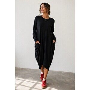 Meo Meli Black Cocoon Pocket Dress One Size Asymmetrical Hem Long Sleeve Boho